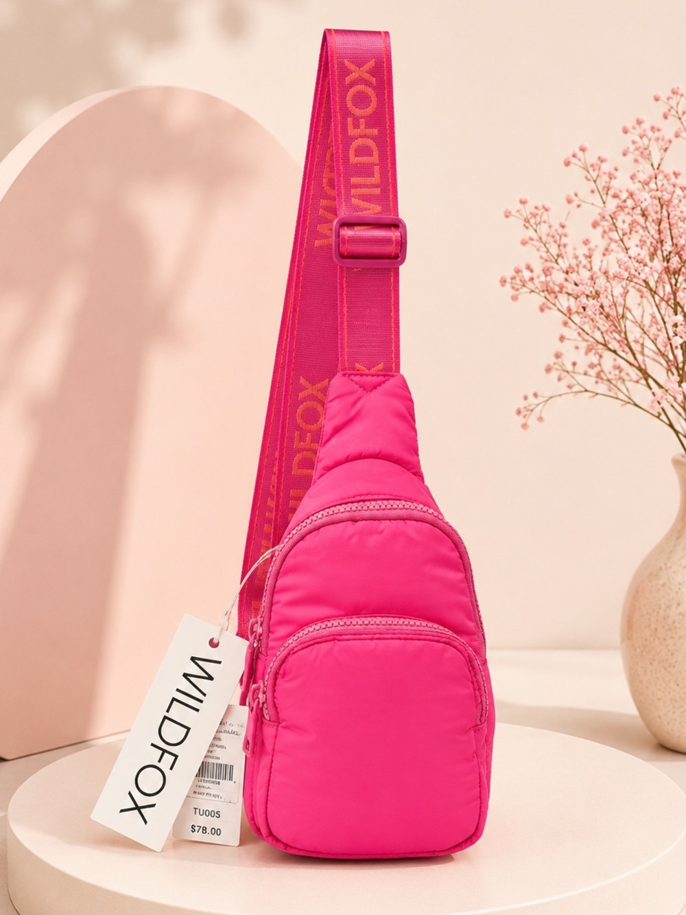 Wildfox Fuchsia Pink Puffer Sling Crossbody Bag Logo Strap NWT